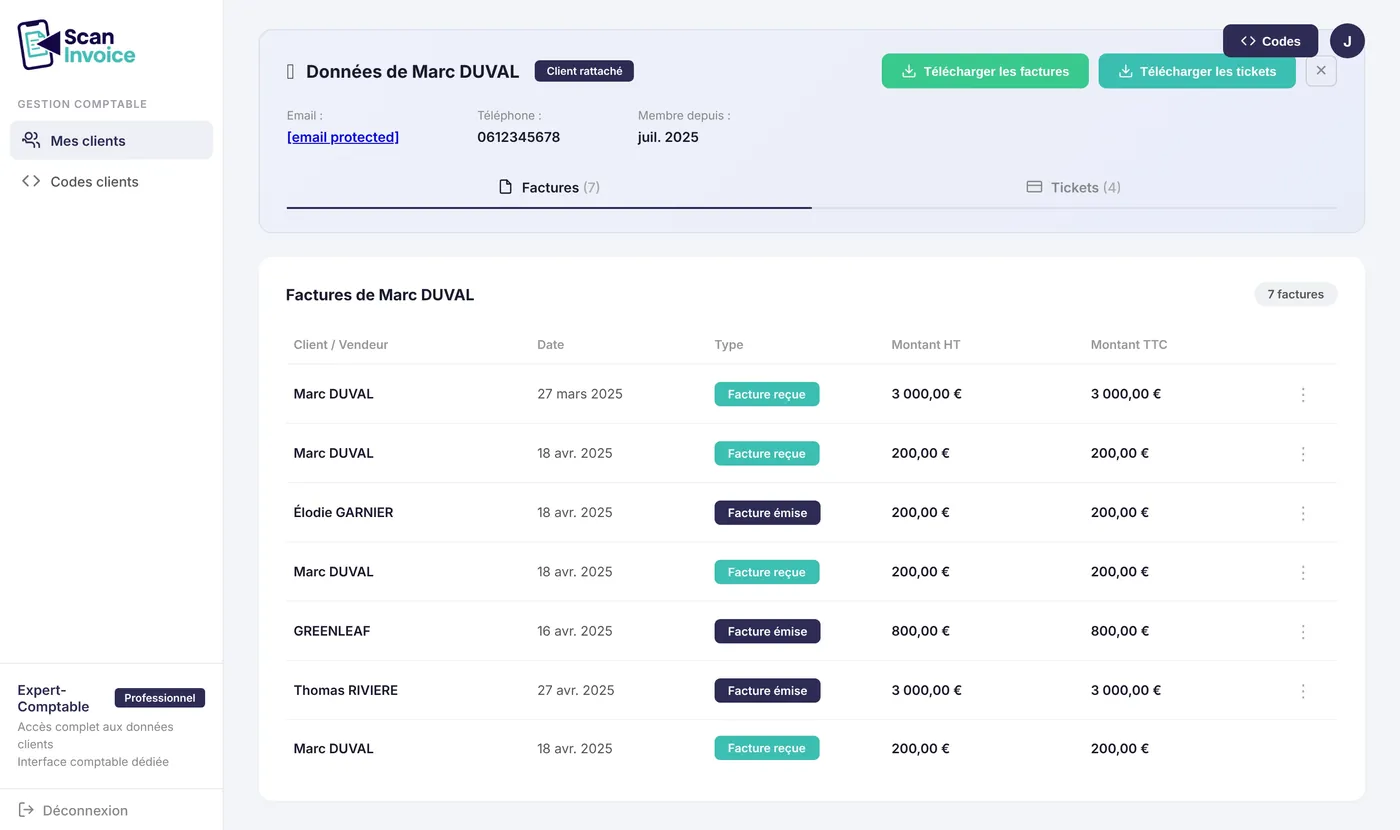 L'application Scan Invoice : la fiche d'un client avec le tableau de ses factures, leur type, leur date et les montants HT et TTC