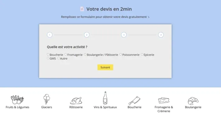 Le formulaire de demande de devis du site, où le visiteur choisit son activité : boucherie, fromagerie, boulangerie, poissonnerie