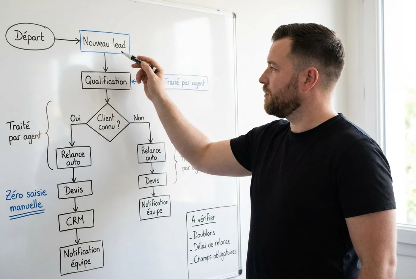 Nicolas Leroy trace au tableau le workflow d'un lead : qualification, relance automatique, devis, CRM, notification de l'équipe